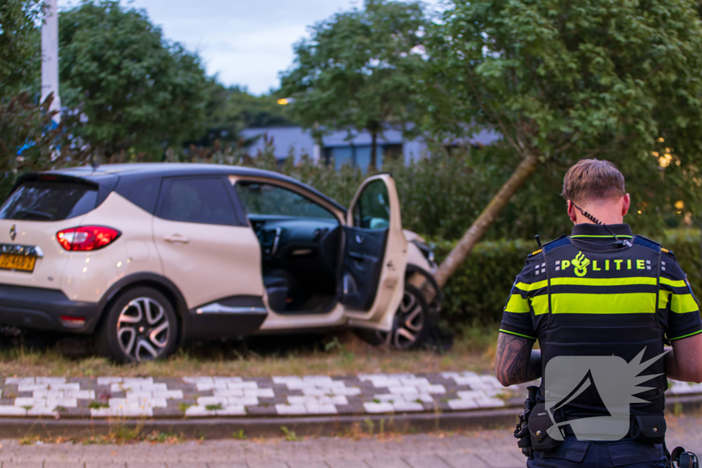 Automobilist belandt op rotonde en klapt op boom