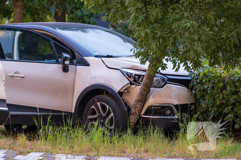 Automobilist belandt op rotonde en klapt op boom