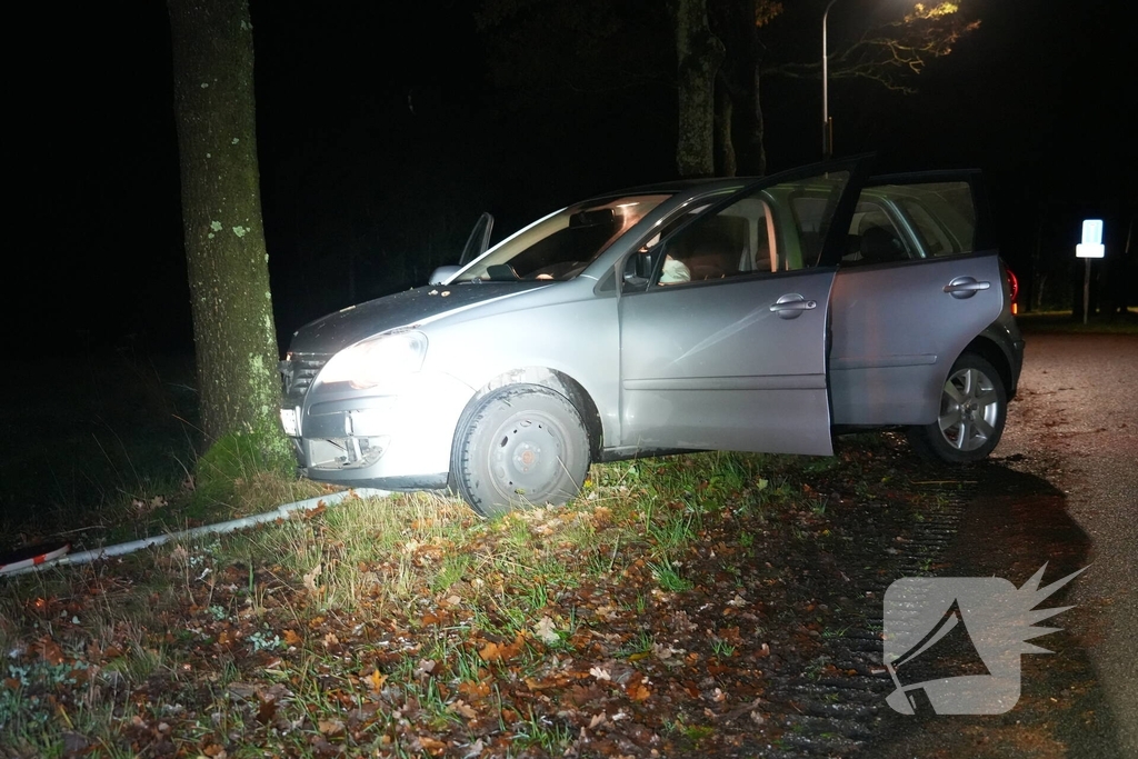 Auto botst tegen boom na verkeersbord omver te rijden