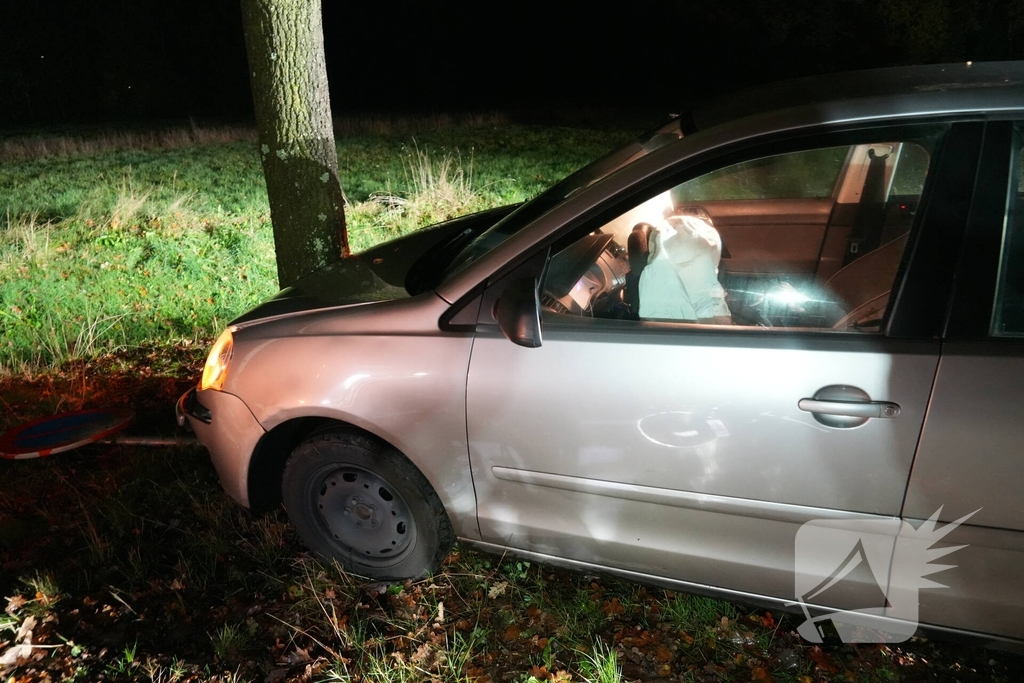 Auto botst tegen boom na verkeersbord omver te rijden