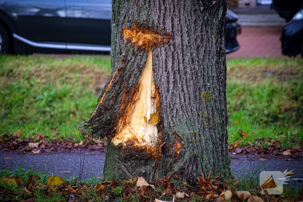 Landrover belandt op zijkant door ongeval met boom