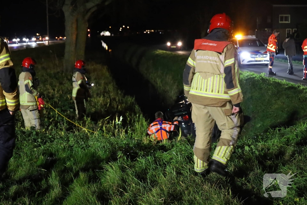 Auto belandt op zijkant in sloot