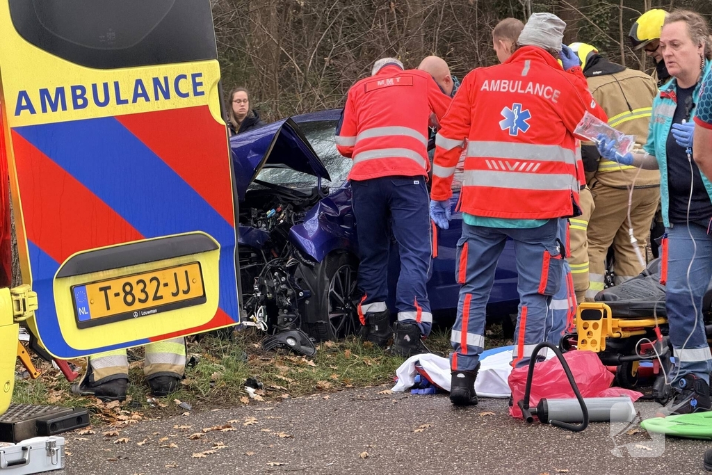 Auto botst op boom en bestuurder raakt bekneld