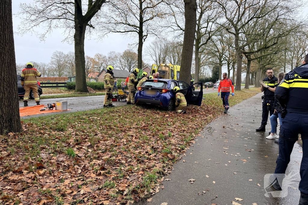 Auto botst op boom en bestuurder raakt bekneld