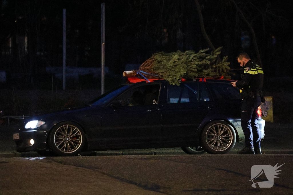 Auto met kerstboom op dak staande gehouden