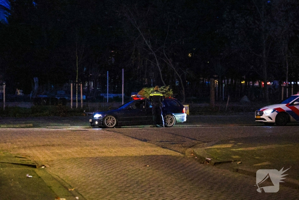 Auto met kerstboom op dak staande gehouden