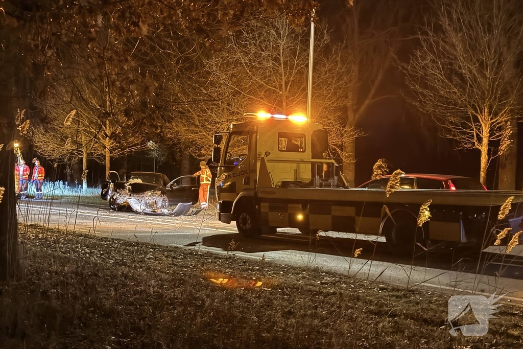 Gewonde en forse schade aan boom, paal en auto