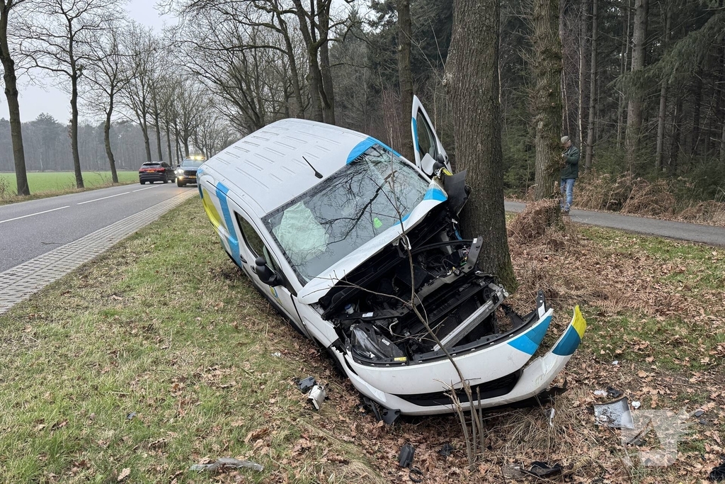 Bestelbus botst tegen boom na ongeval