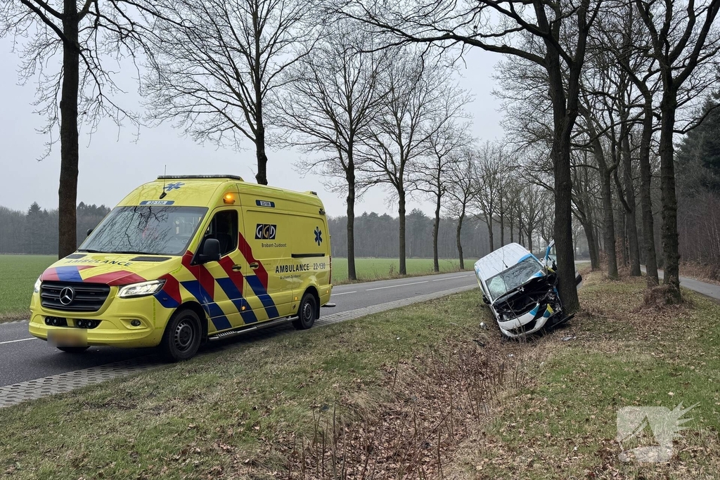 Bestelbus botst tegen boom na ongeval