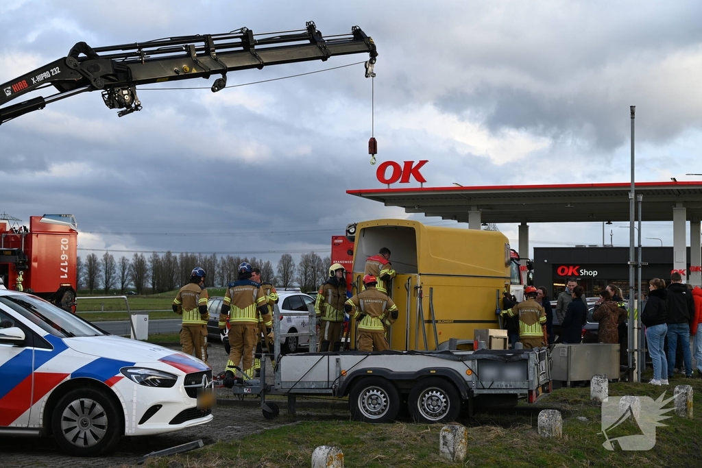 Paard zakt door vloer van trailer, brandweer schiet te hulp