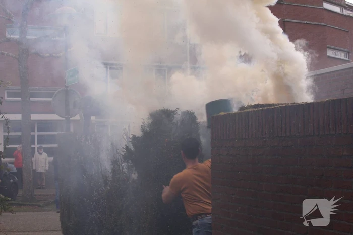 Brandweer blust brandende coniferenhaag