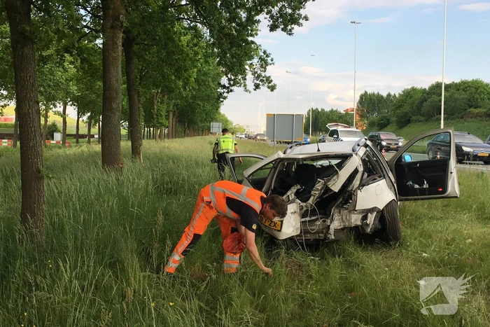 Auto raakt van de weg en knalt tegen boom