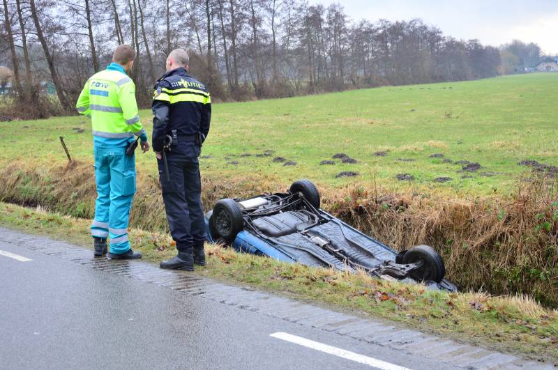 Auto vliegt uit bocht en komt ondersteboven in sloot