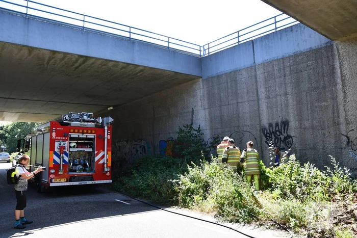Bermbrand onder viaduct van snelweg