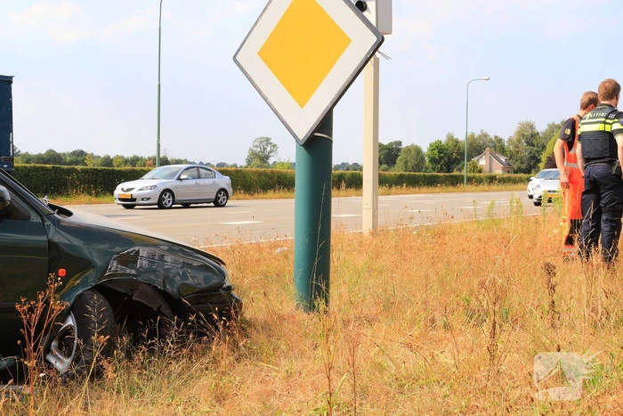 Automobilist vliegt over vluchtheuvel en ramt stoplicht