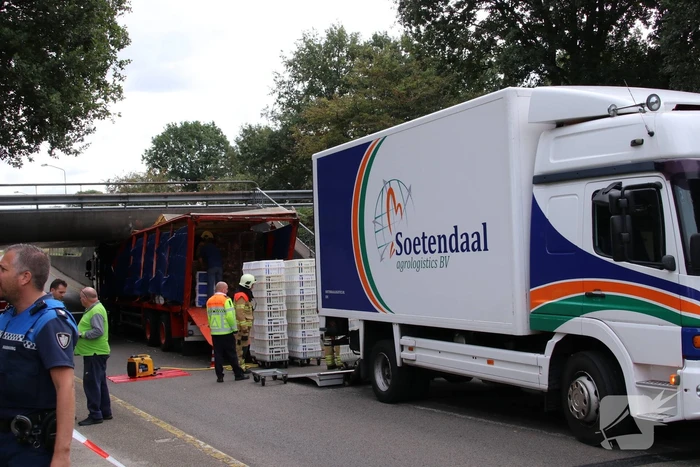 Vrachtwagen vol kippen vastgereden onder viaduct A30