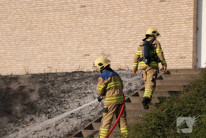 Groenstrook tegen sporthal in brand gestoken