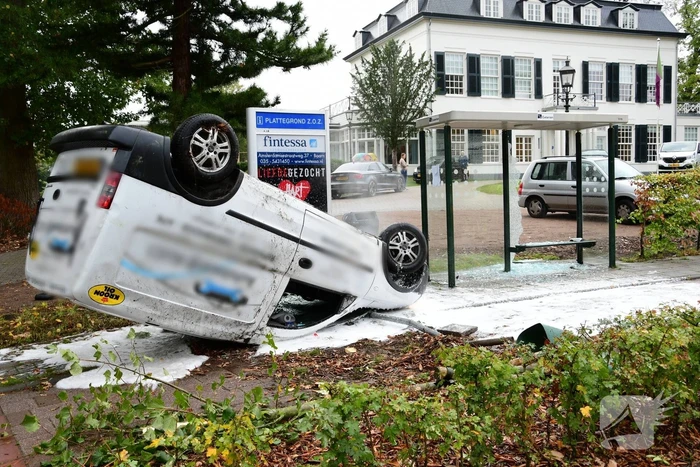 Bestelauto ramt boom en bushok en vliegt over de kop