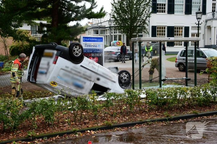 Bestelauto ramt boom en bushok en vliegt over de kop