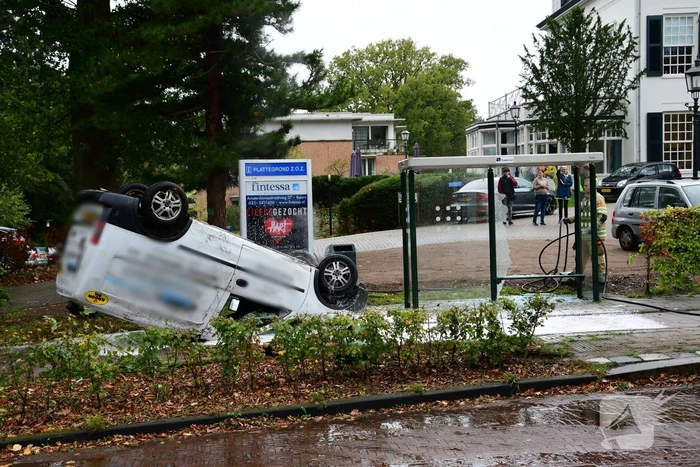 Bestelauto ramt boom en bushok en vliegt over de kop