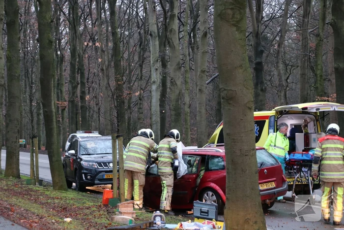 Auto raakt van de weg en botst frontaal op boom