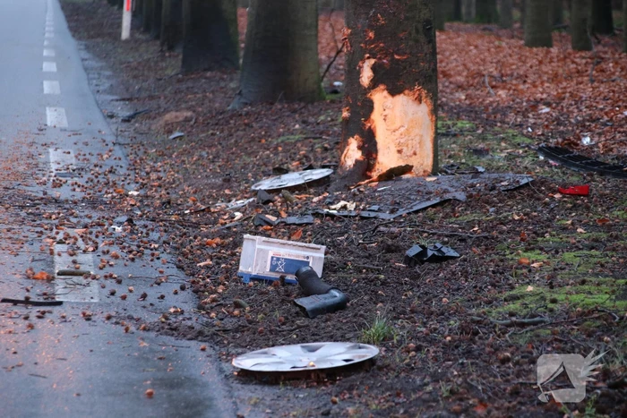 Auto raakt van de weg en botst frontaal op boom