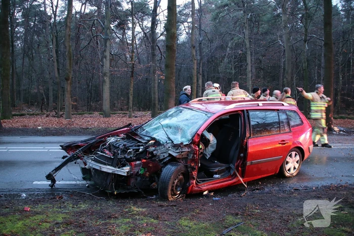 Auto raakt van de weg en botst frontaal op boom