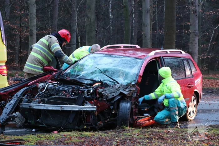 Auto raakt van de weg en botst frontaal op boom