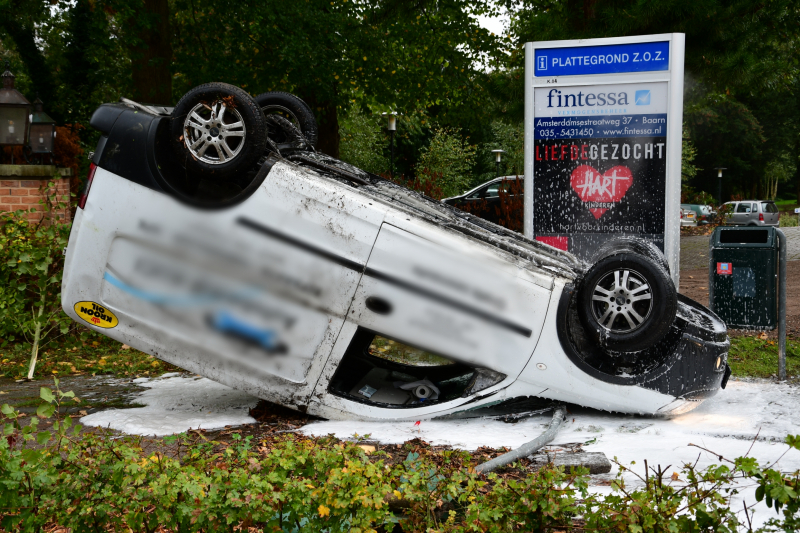 Bestelauto ramt boom en bushok en vliegt over de kop