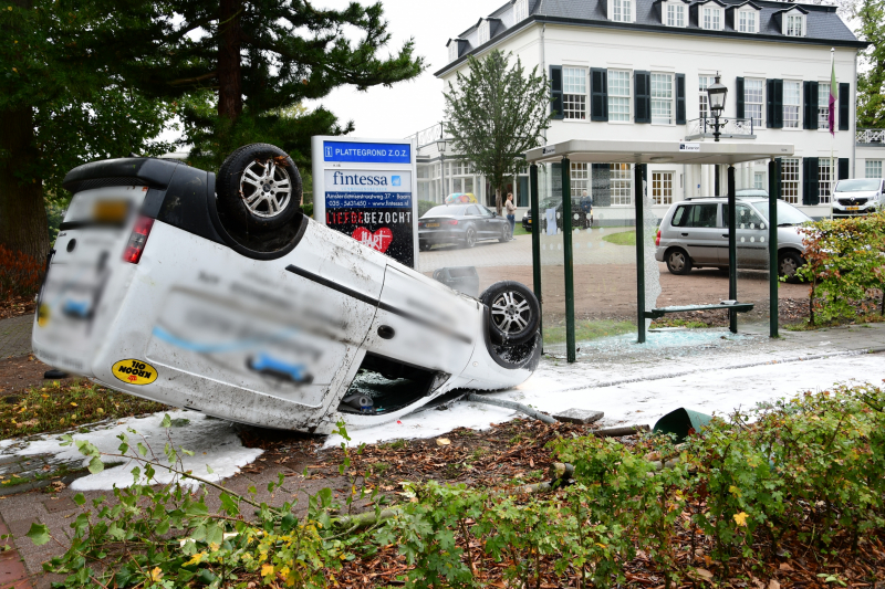 Bestelauto ramt boom en bushok en vliegt over de kop