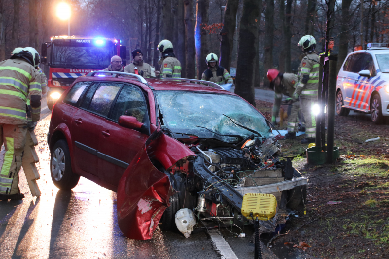 Auto raakt van de weg en botst frontaal op boom