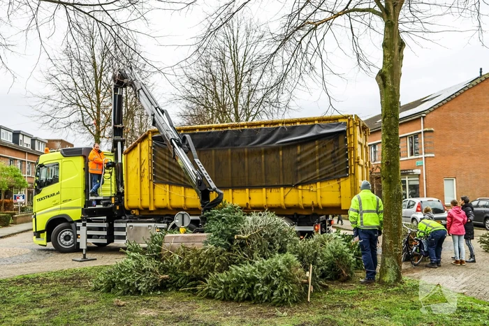 Buurt druk in de weer met ingezamelde kerstbomen