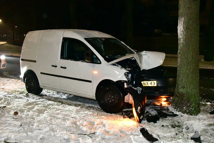 Bestelauto knalt op boom