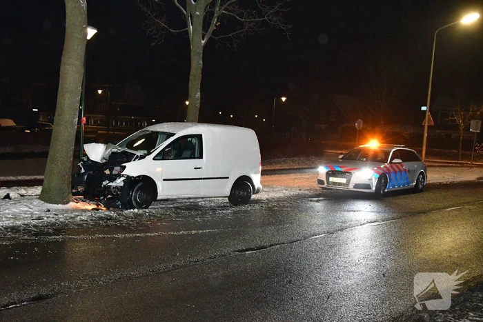 Bestelauto knalt op boom