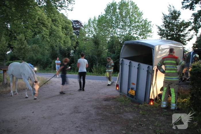 Paardentrailer met paarden belandt in de sloot