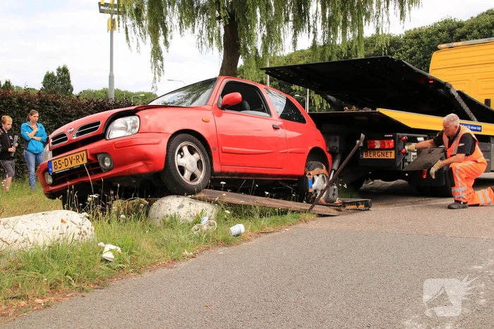 Auto belandt op varkensruggen
