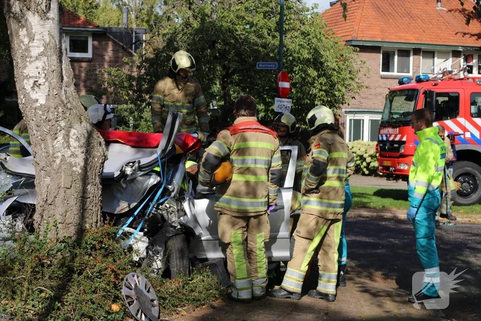 Automobiliste crasht tegen boom, brandweer knipt dak eraf