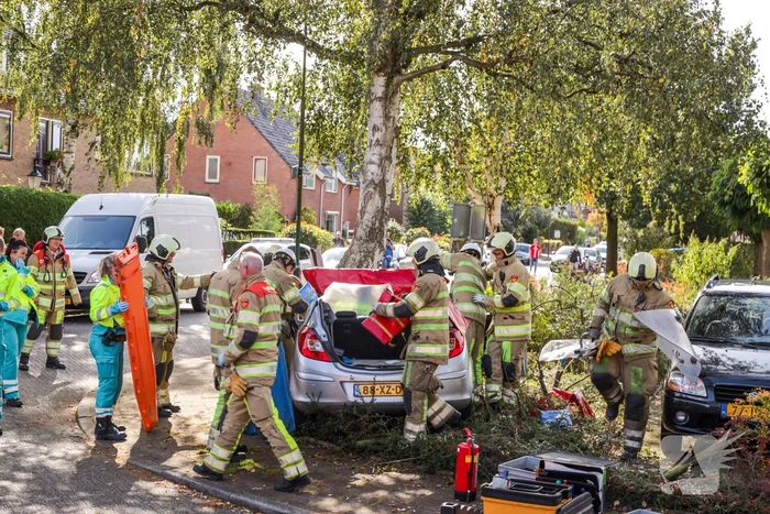 Automobiliste crasht tegen boom, brandweer knipt dak eraf