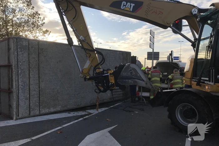 Trailer van tractor met koeien kantelt