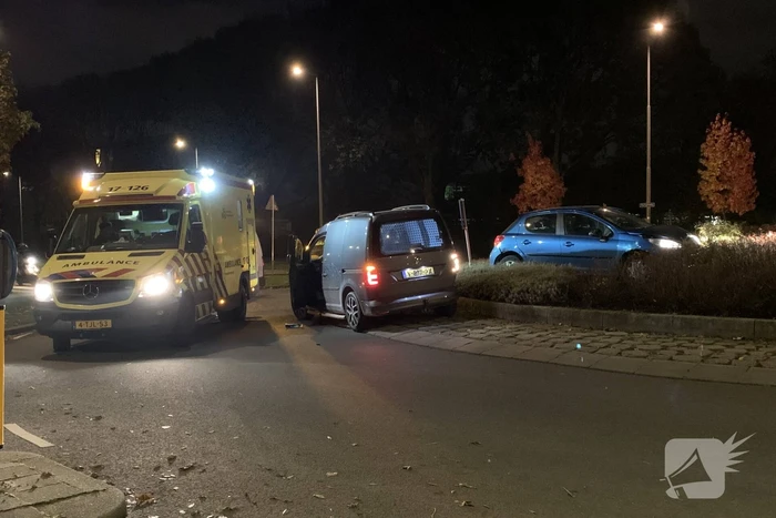Auto belandt bovenop bosjes op rotonde