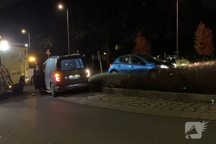 Auto belandt bovenop bosjes op rotonde
