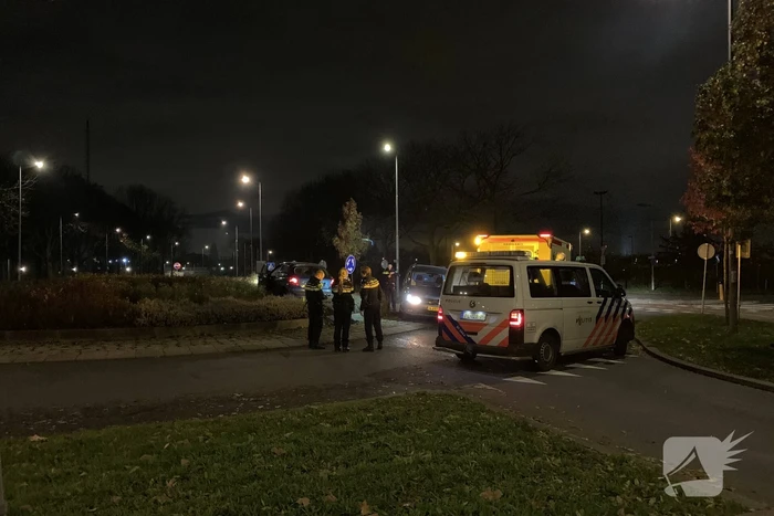 Auto belandt bovenop bosjes op rotonde