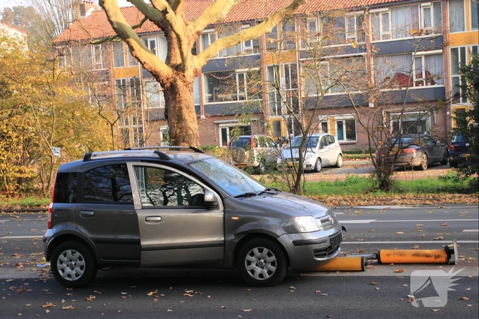 Verkeersborden tegen de vlakte, bestuurster met de schrik vrij