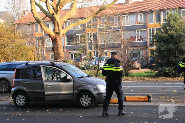 Verkeersborden tegen de vlakte, bestuurster met de schrik vrij
