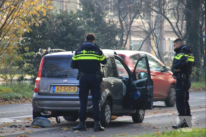 Verkeersborden tegen de vlakte, bestuurster met de schrik vrij