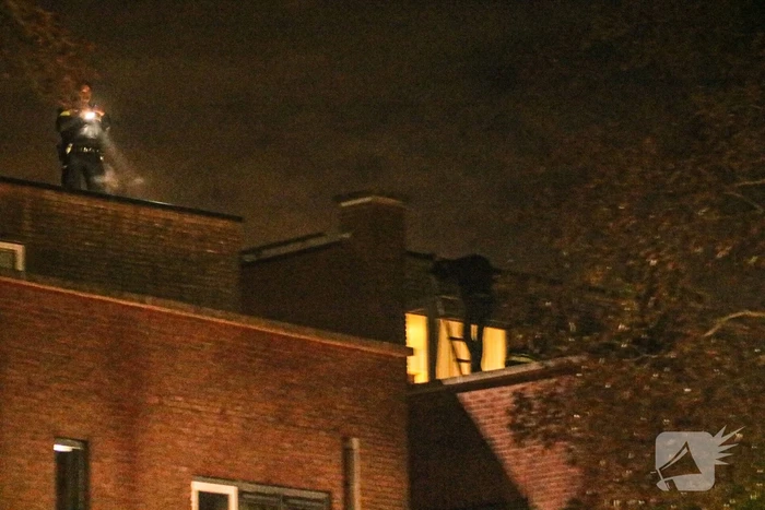 Verwarde man zit op schoorsteen