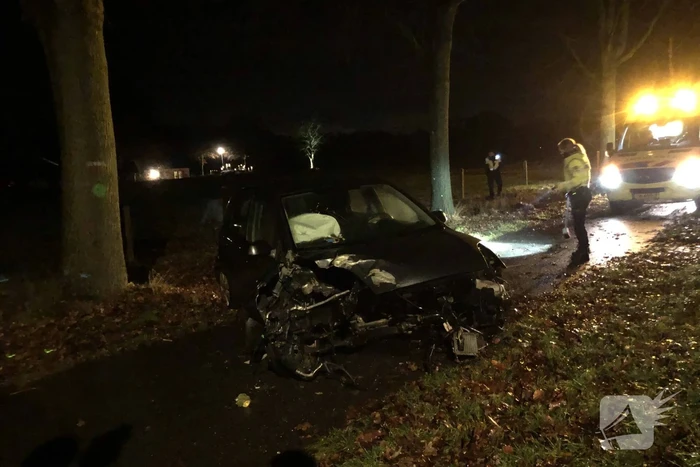 Personenauto zwaar beschadigd na eenzijdige botsing tegen boom