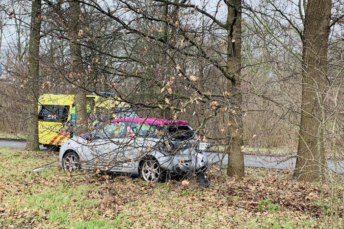 Auto belandtt in bosschages na aanrijding met vrachtwagen