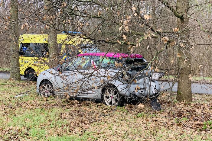 Auto belandtt in bosschages na aanrijding met vrachtwagen