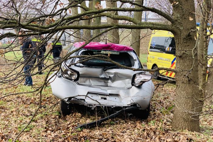 Auto belandtt in bosschages na aanrijding met vrachtwagen
